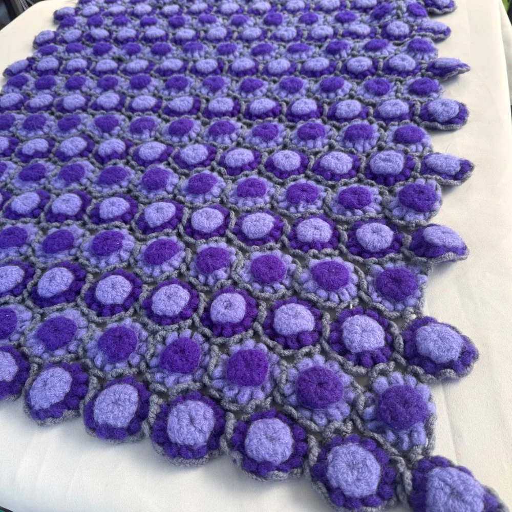 Handmade Crochet Wool 3D Puff Flower Lap Blanket Purple Lavender Throw 26x33